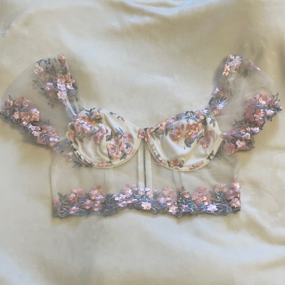 White Pink Floral Mesh Top